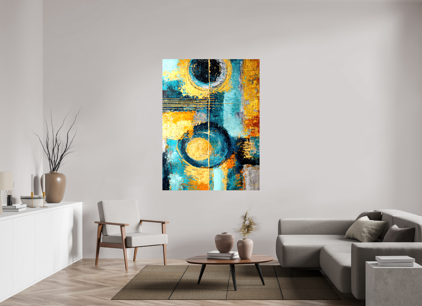 47 x 63.6″, Glossy Canvas Abstract Gold Paint