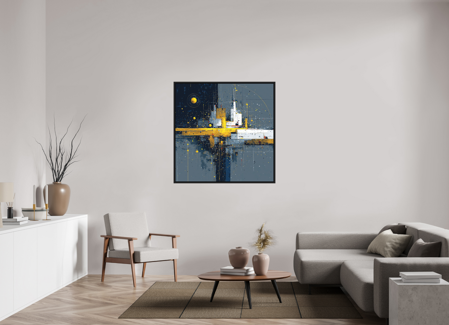 45 x 45″, Photo Print on Aluminum Backing with boarder Abstract City