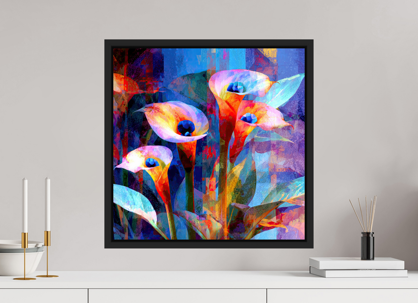 20 x 20″, Fine Art Print on Aluminum Dibond with Boarder Abstract Calla Lily Flowers