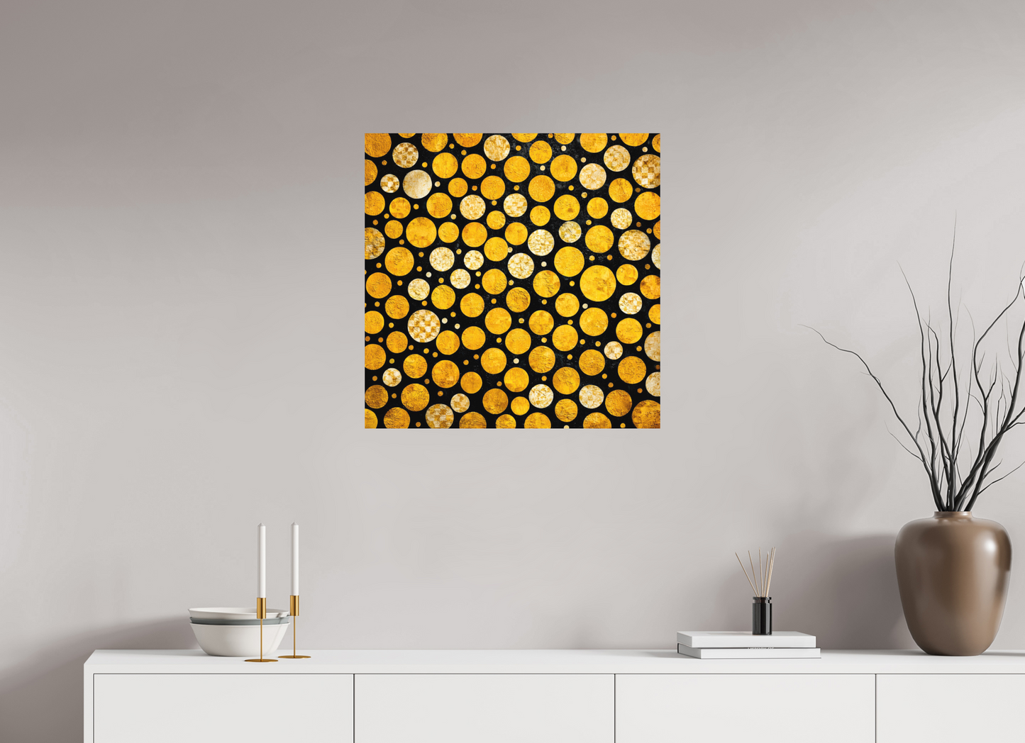 25 x 25″, Photo Print on Aluminum Backing Gold Dots