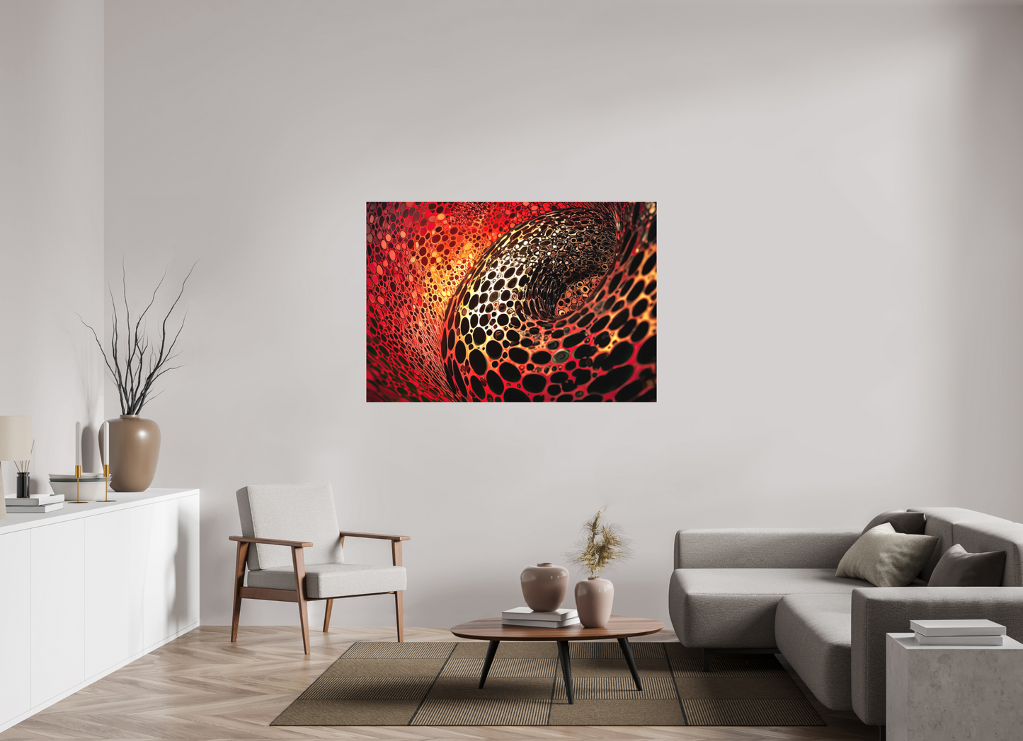 58 x 40″, Textile on Canvas Red Leopard