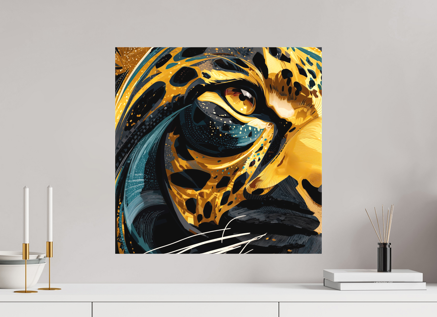 20 x 20″, Textile on Canvas Abstract Panther