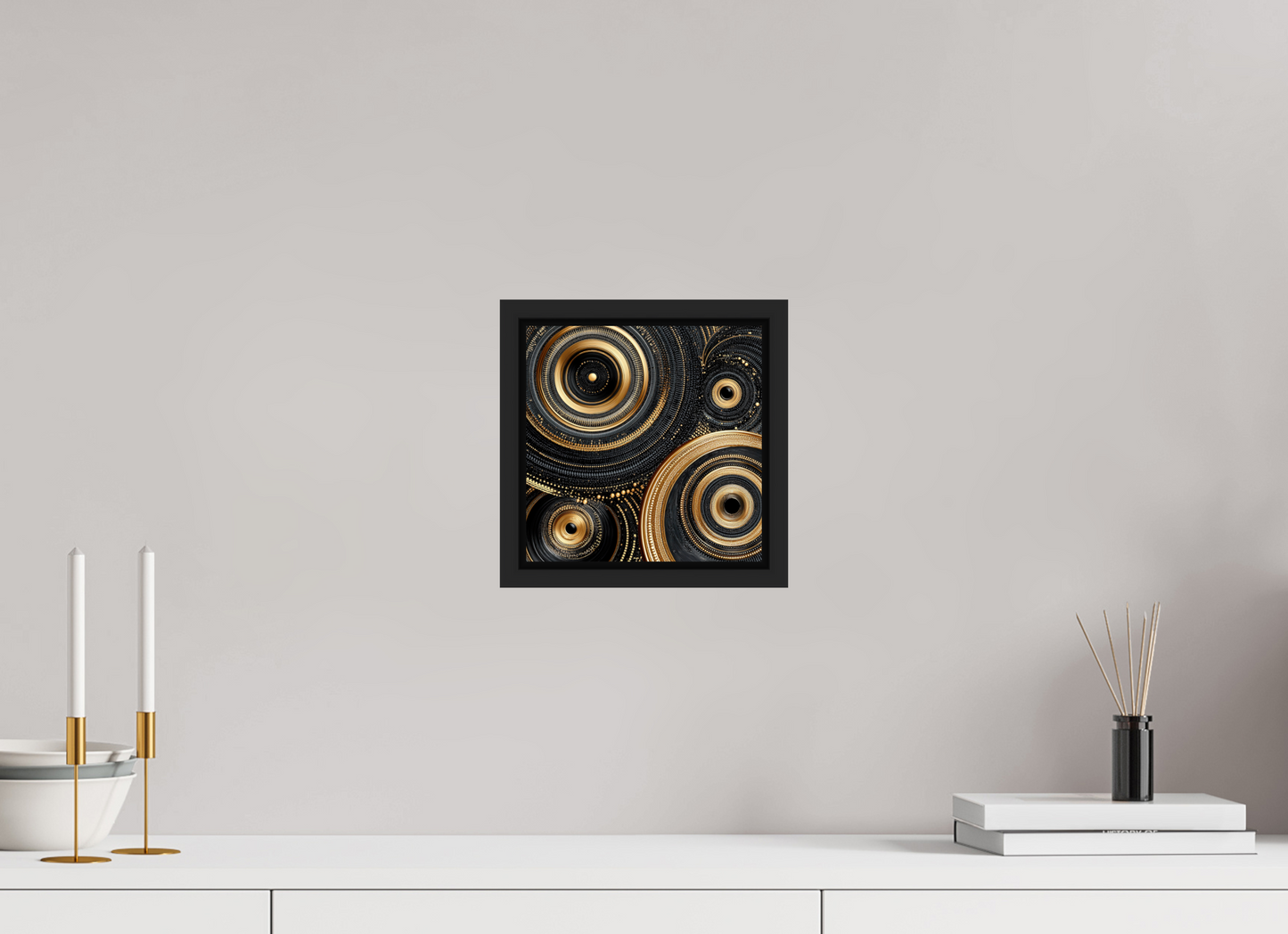 8 x 8″, Fine Art Print on Aluminum Dibond with Boarder Gold & Black Circles