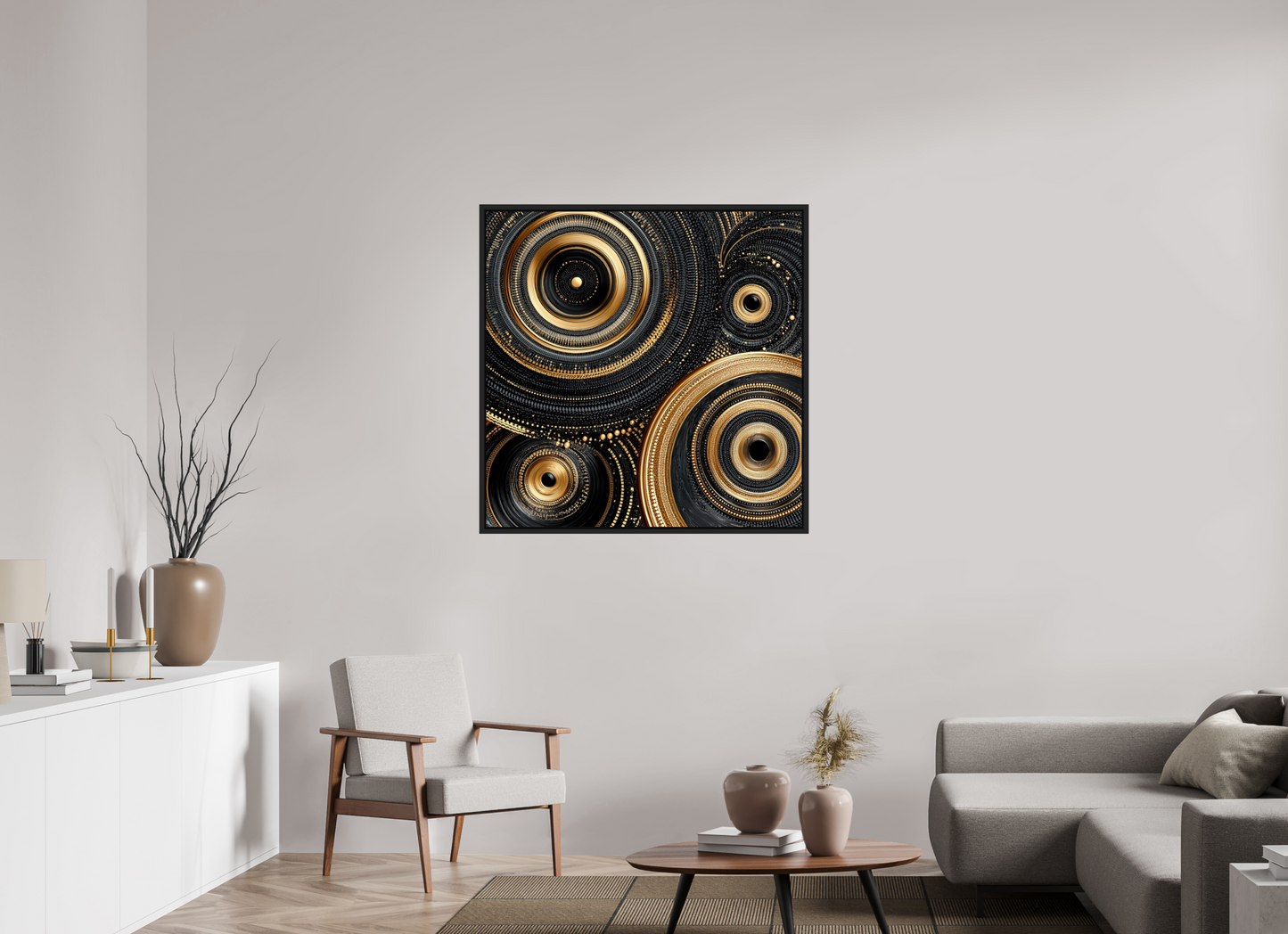 40 x 40″, Fine Art Print on Aluminum Dibond with Boarder Gold & Black Circles