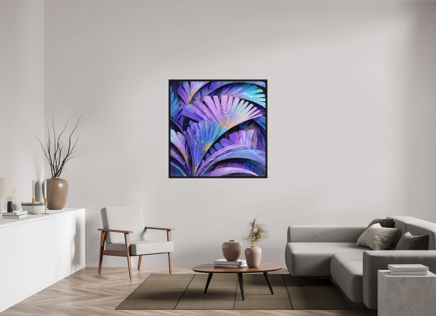 45 x 45″, Photo Print on Aluminum Backing with boarder Art Deco Purple Flowers