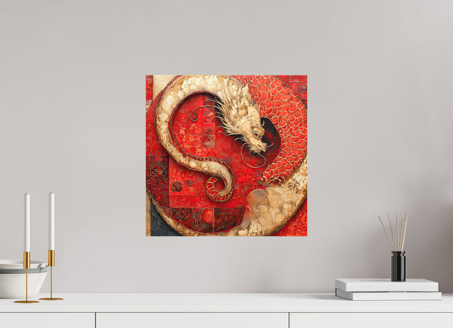 15 x 15″, Textile on Canvas Chinese Dragon