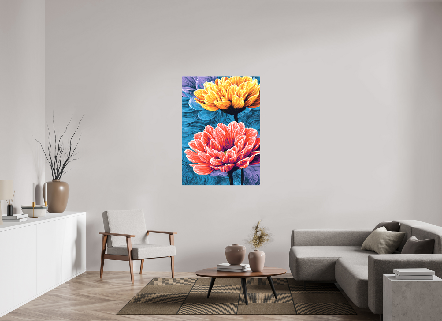 36 x 50.3″, Textile on Canvas Warm Flowers