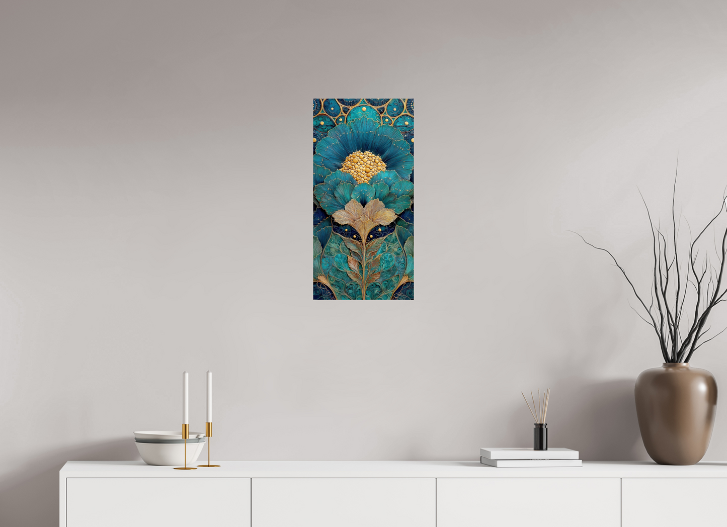 12 x 24″, Fine Art Print On Aluminum Dibond Art Deco Teal Flower 1