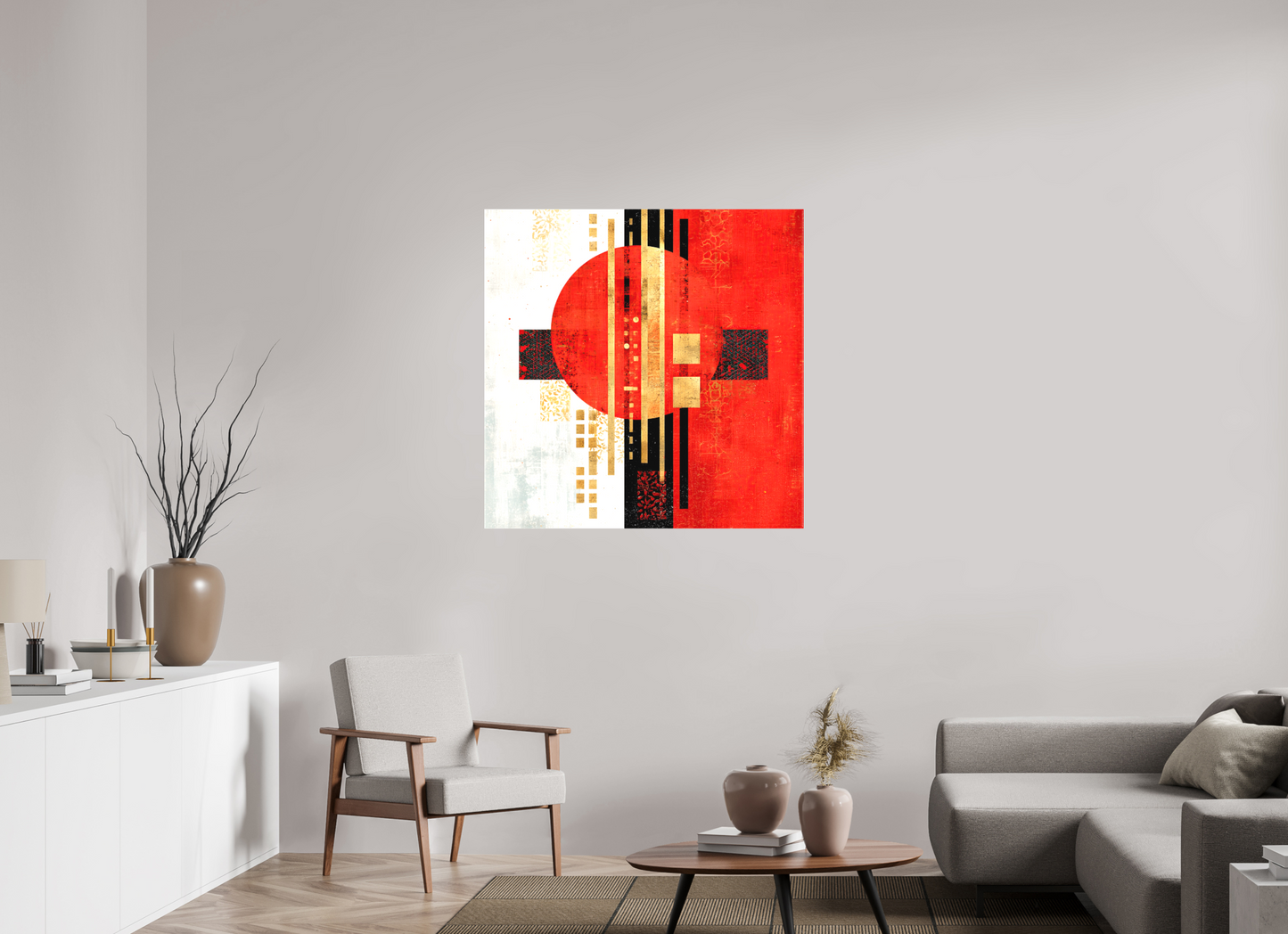 40 x 40″, Textile on Canvas Abstract Rising Sun