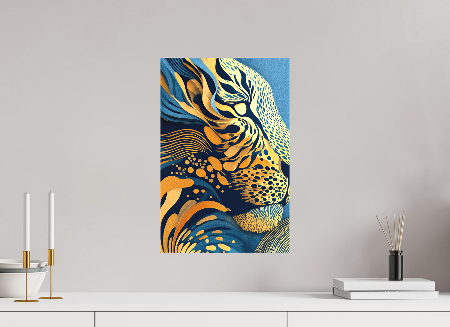 12 x 18.3″, Textile on Canvas Yellow & Blue Cheetah