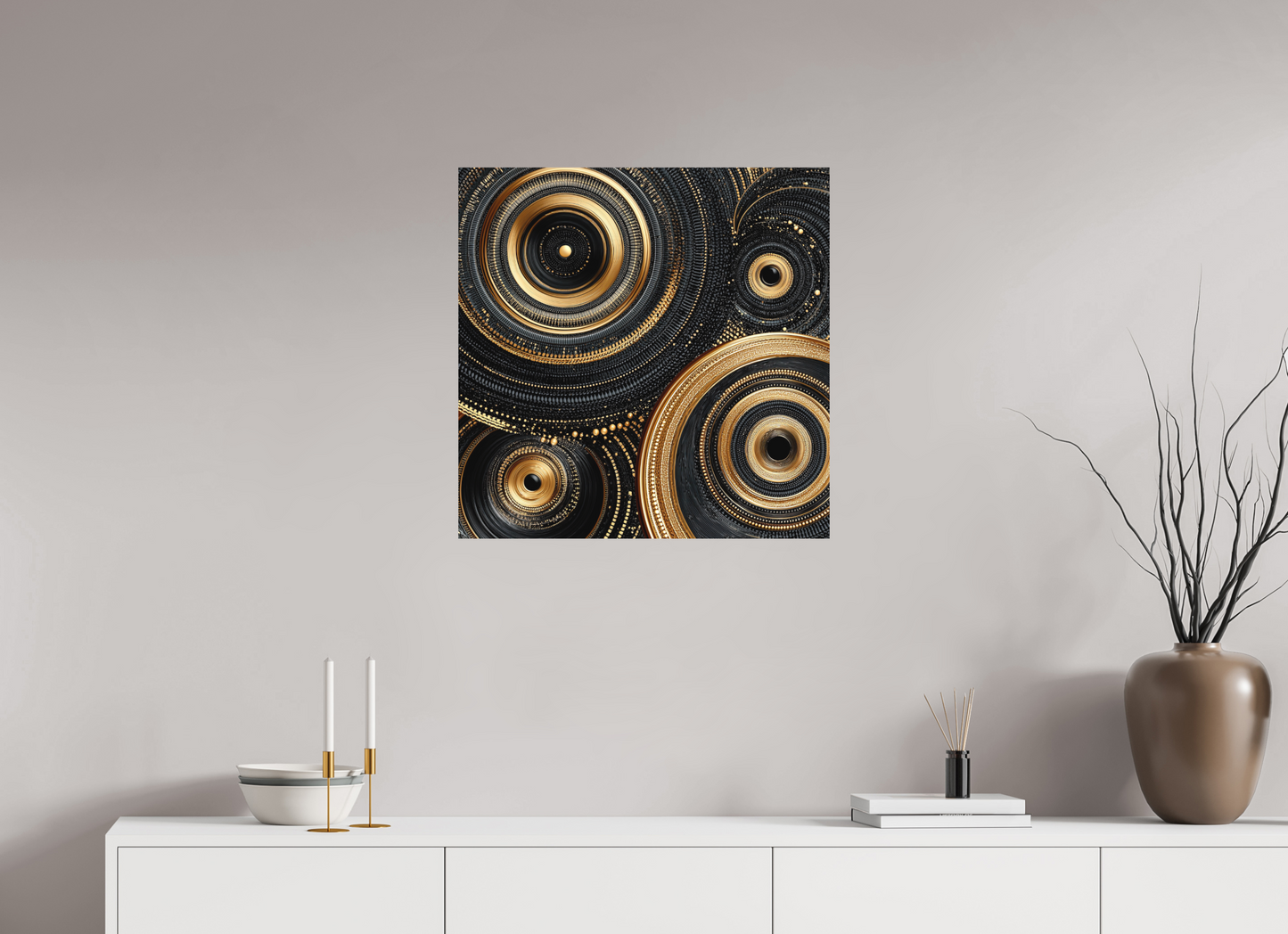 25 x 25″, Photo Print on Aluminum Backing Gold & Black Circles