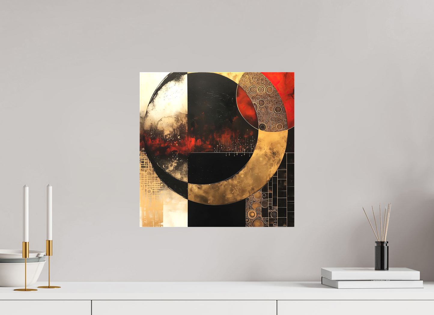 15 x 15″, Textile on Canvas Gold Blood Moon