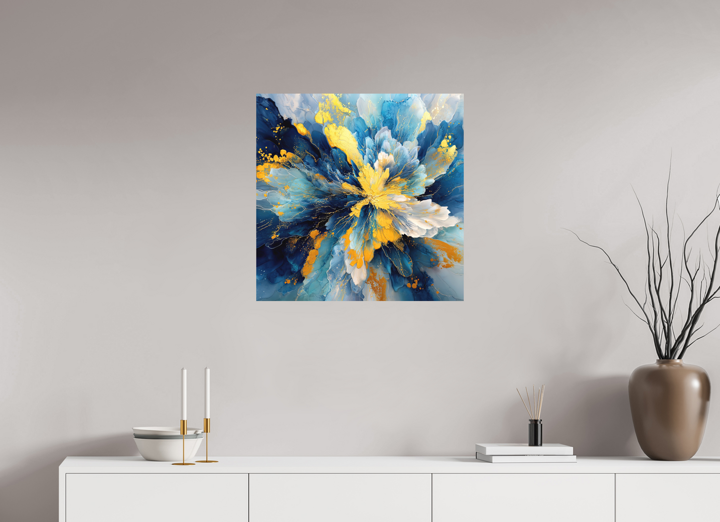 25 x 25″, Photo Print on Aluminum Backing Abstract Blue & Gold Flower