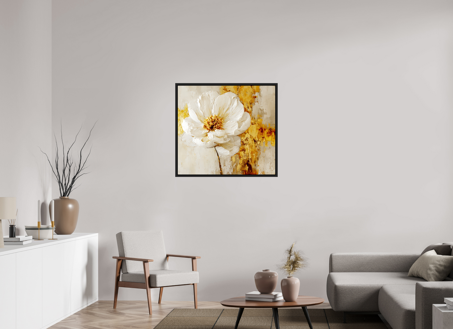 35.2 x 32″, Fine Art Print on Aluminum Dibond with Boarder White and Gold Flower 3