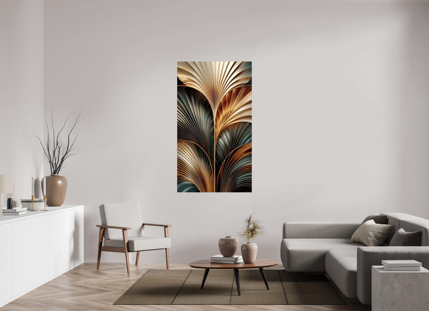 36 x 63.1″, Fine Art Print On Aluminum Dibond Art Deco Leaves 3