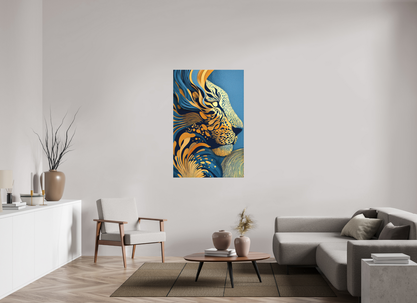 35 x 53.3″, Photo Print on Aluminum Backing Yellow & Blue Cheetah