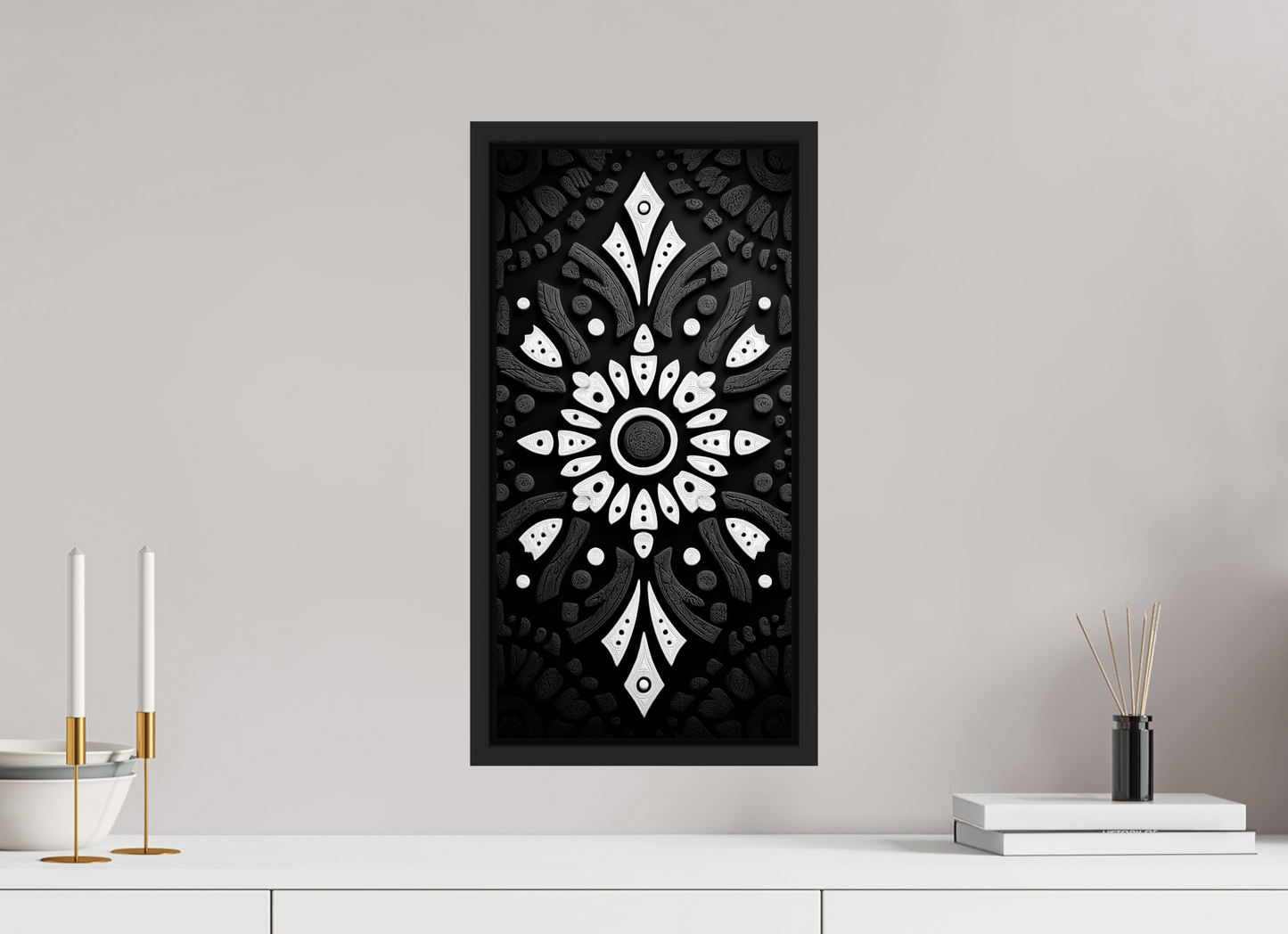 10 x 20″, Fine Art Print on Aluminum Dibond with Boarder Black & White Tribal 1