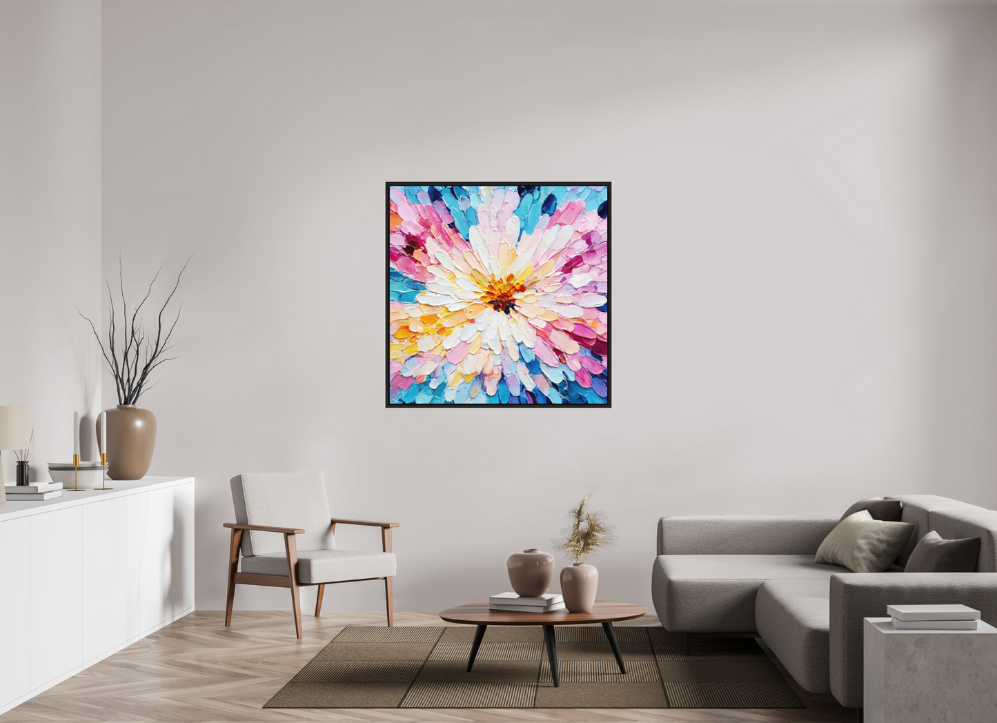 45 x 45″, Photo Print on Aluminum Backing with boarder Abstract Paint Flower