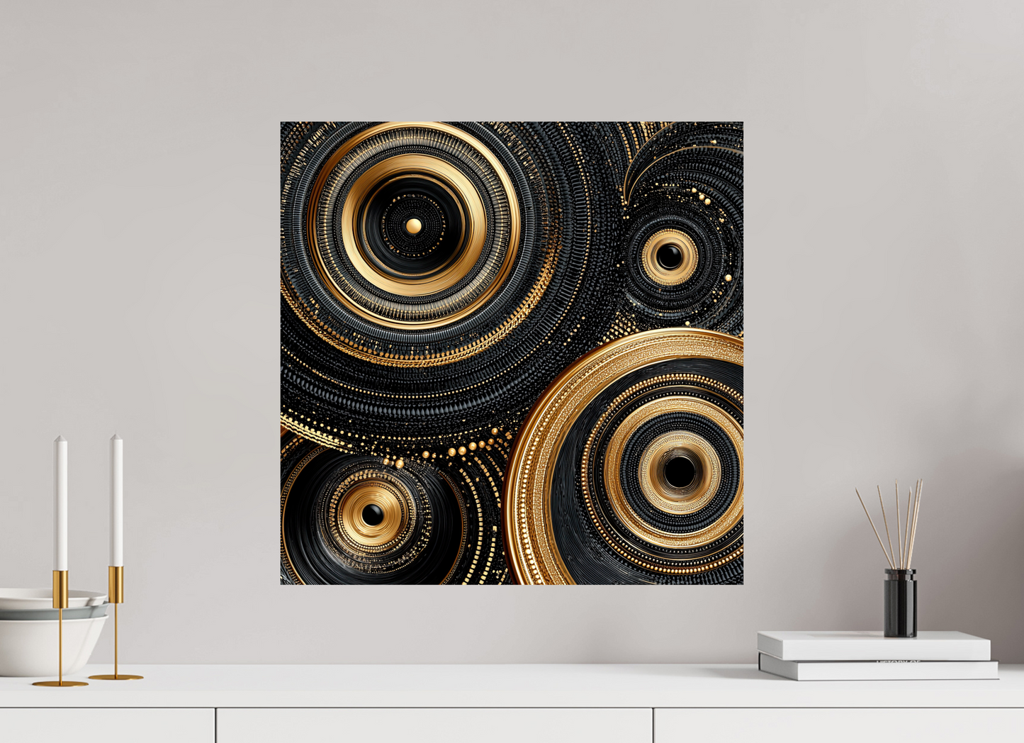 20 x 20″, Fine Art Print On Aluminum Dibond Gold & Black Circles