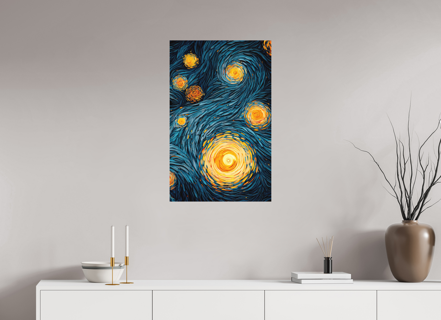 20 x 31.7″, Photo Print on Aluminum Backing Abstract Blue & Yellow Swirls 2