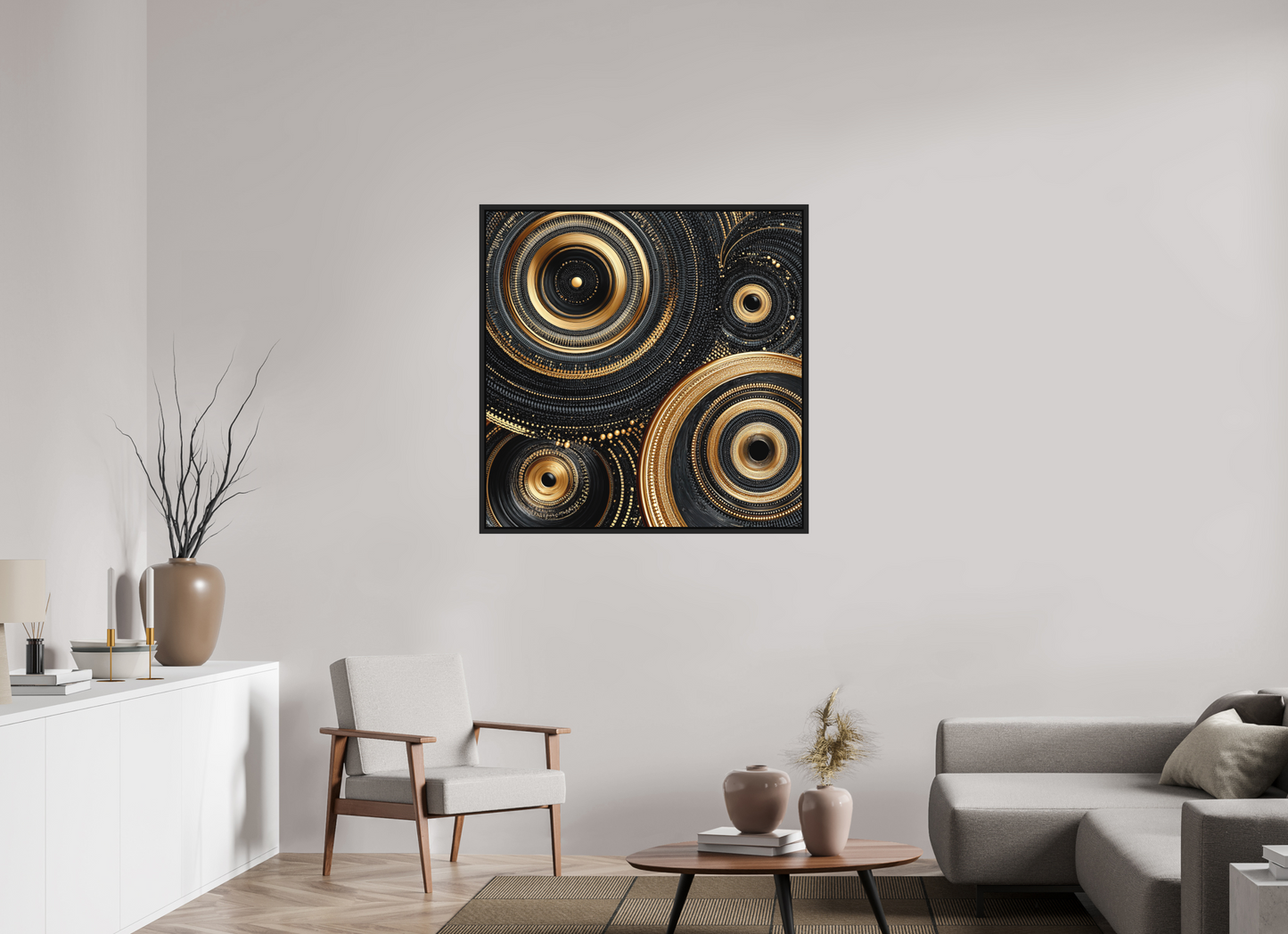 40 x 40″, Photo Print on Aluminum Backing with boarder Gold & Black Circles
