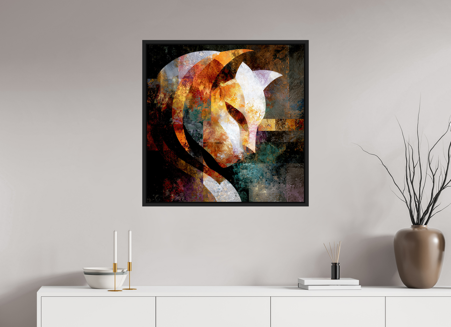 30 x 30″, Fine Art Print on Aluminum Dibond with Boarder Abstract Cat