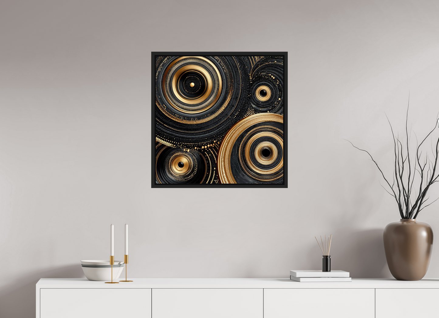 25 x 25″, Fine Art Print on Aluminum Dibond with Boarder Gold & Black Circles