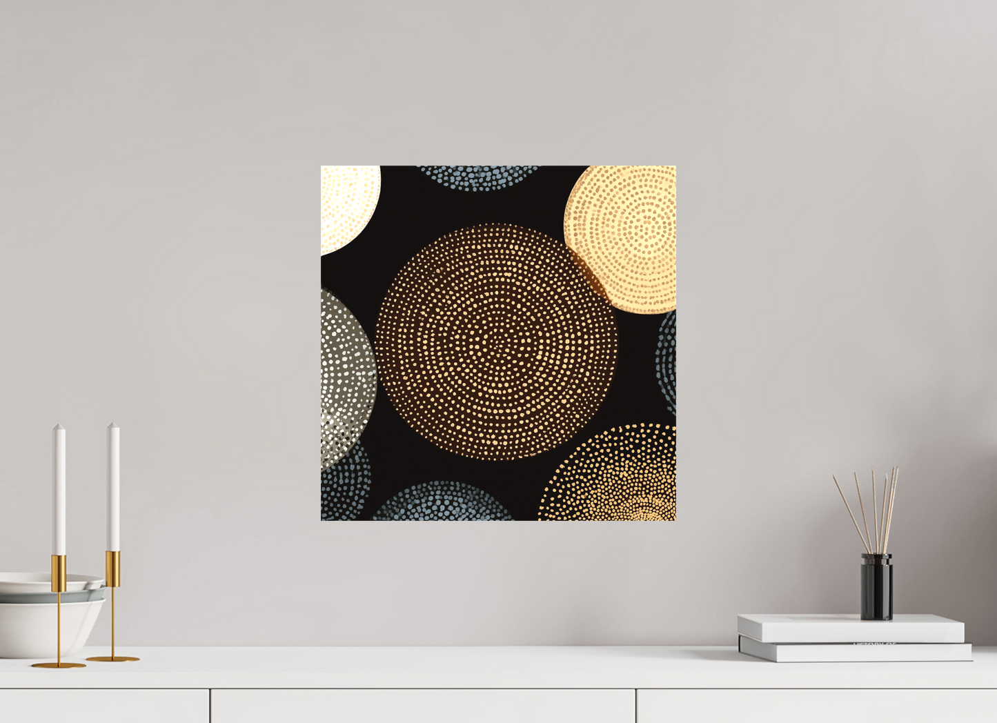 15 x 15″, Textile on Canvas Dot Circles