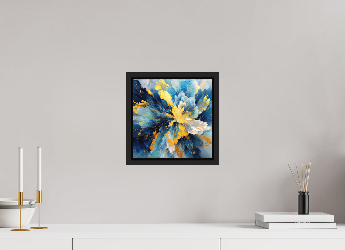 10 x 10″, Photo Print on Aluminum Backing with boarder Abstract Blue & Gold Flower