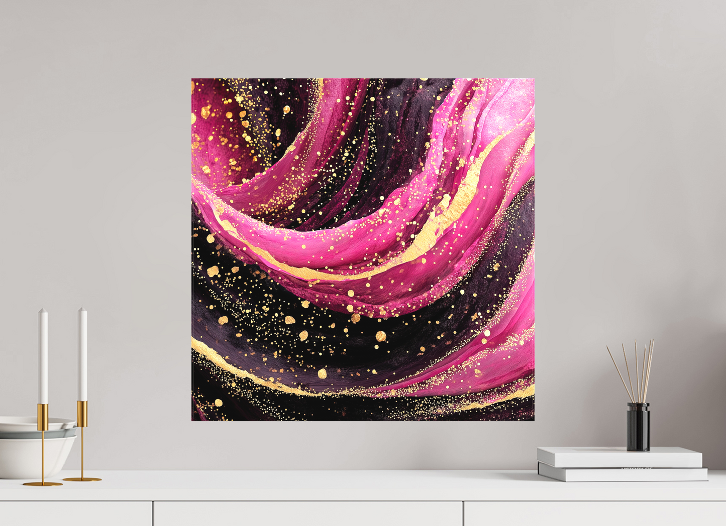 20 x 20″, Textile on Canvas Pink & Gold