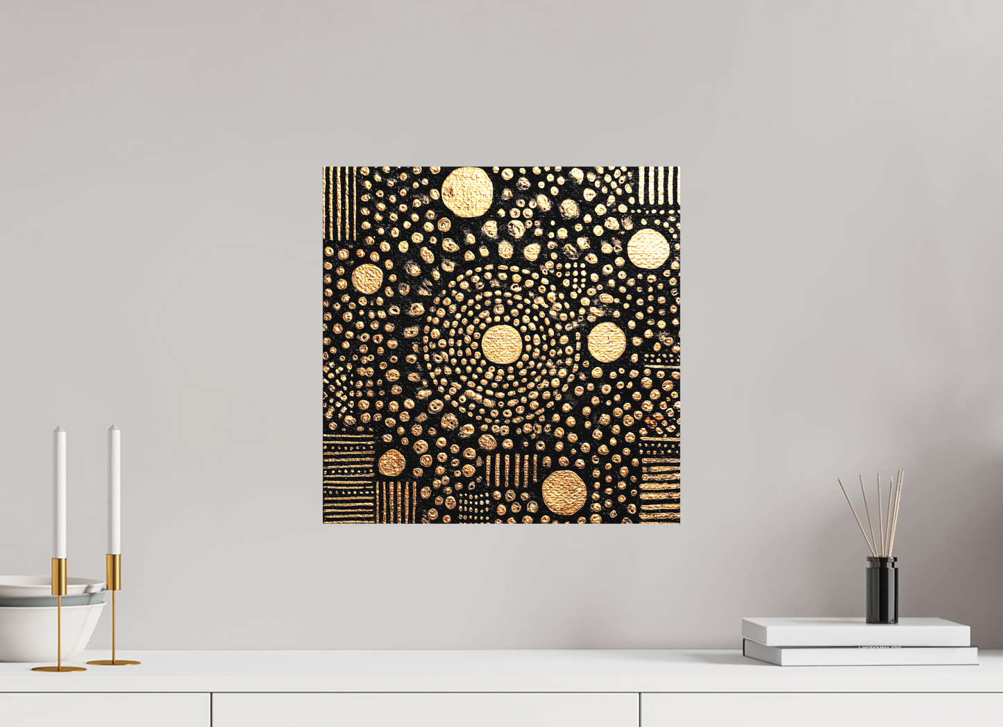 15 x 15″, Textile on Canvas Gold QR