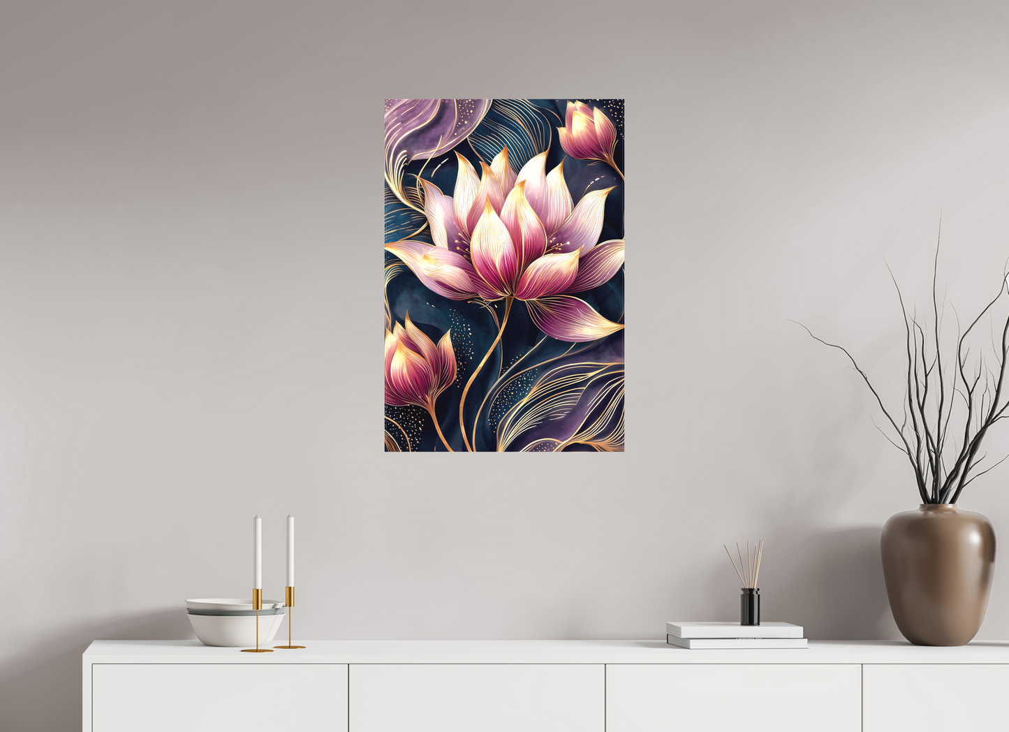 20 x 29.6″, Textile on Canvas Art Deco Purple Lotus