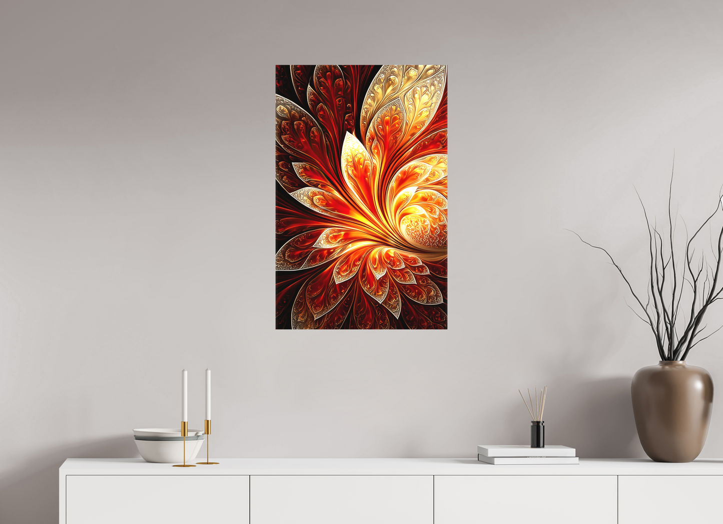 20 x 31″, Textile on Canvas Abstract Fire Flower