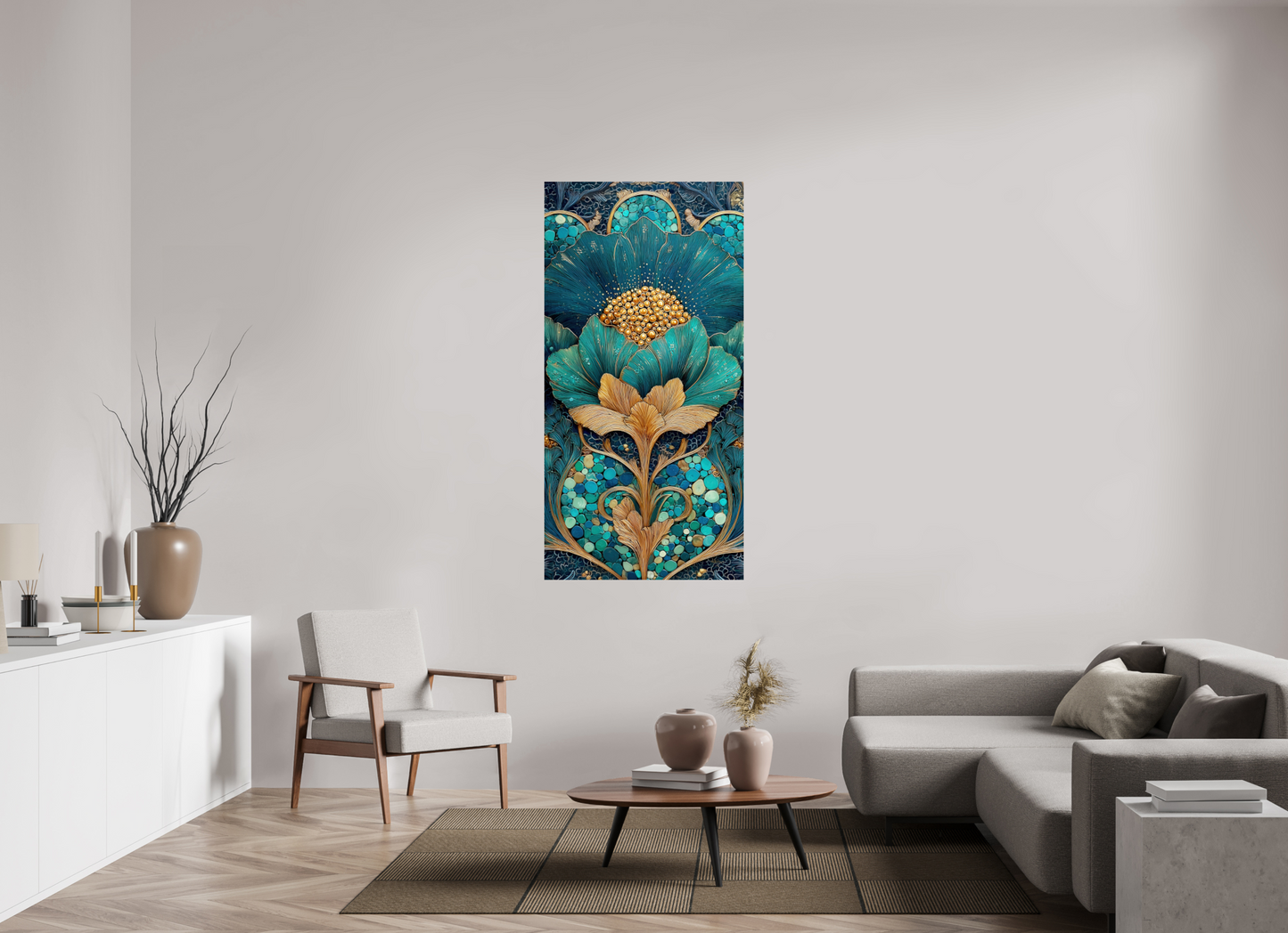 32 x 64″, Fine Art Print On Aluminum Dibond Art Deco Teal Flower 2