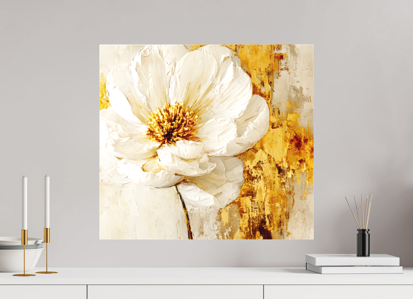 22 x 20″, Textile on Canvas White and Gold Flower 3
