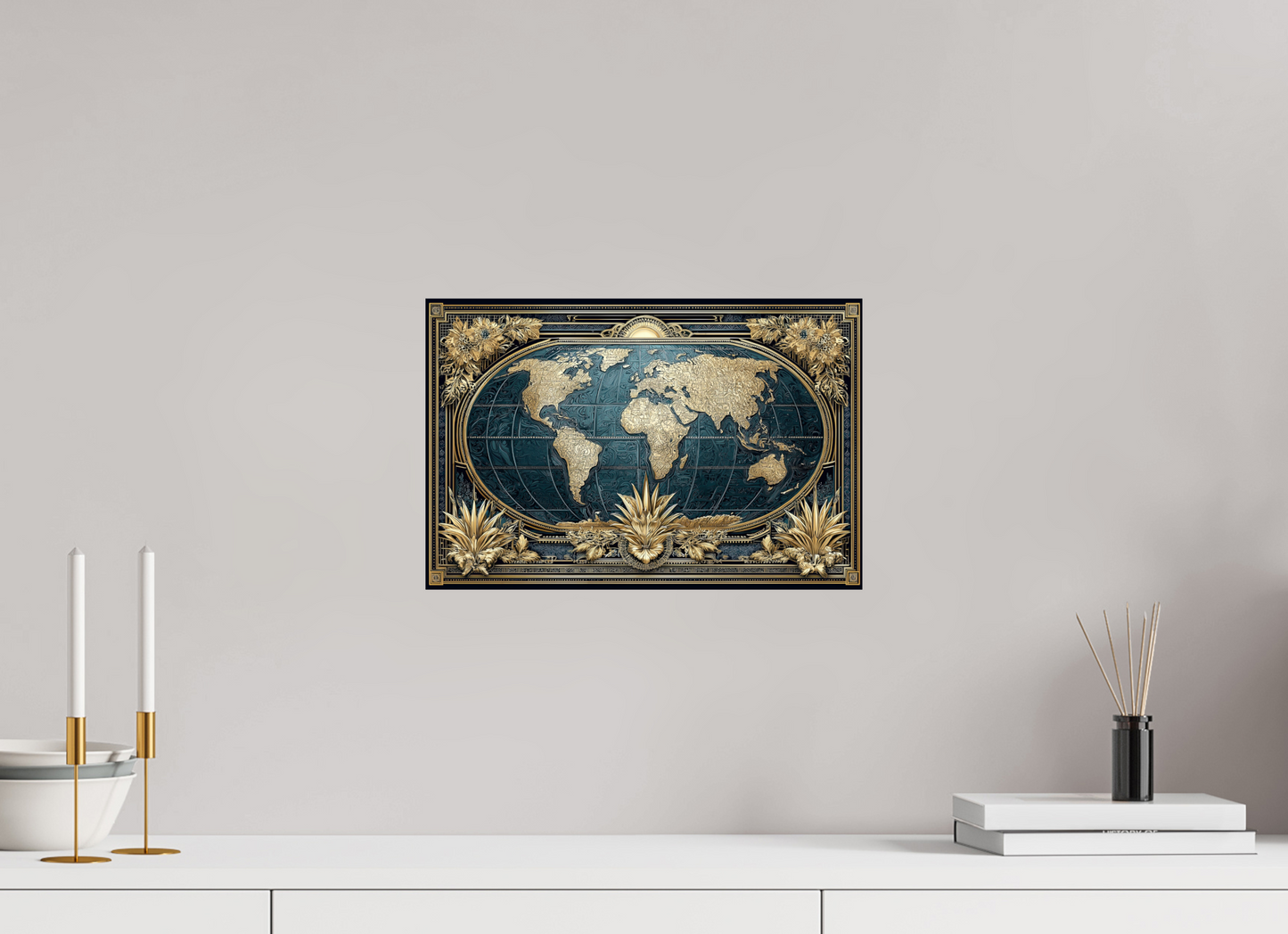 15 x 10″, Fine Art Print On Aluminum Dibond Art Deco World Map