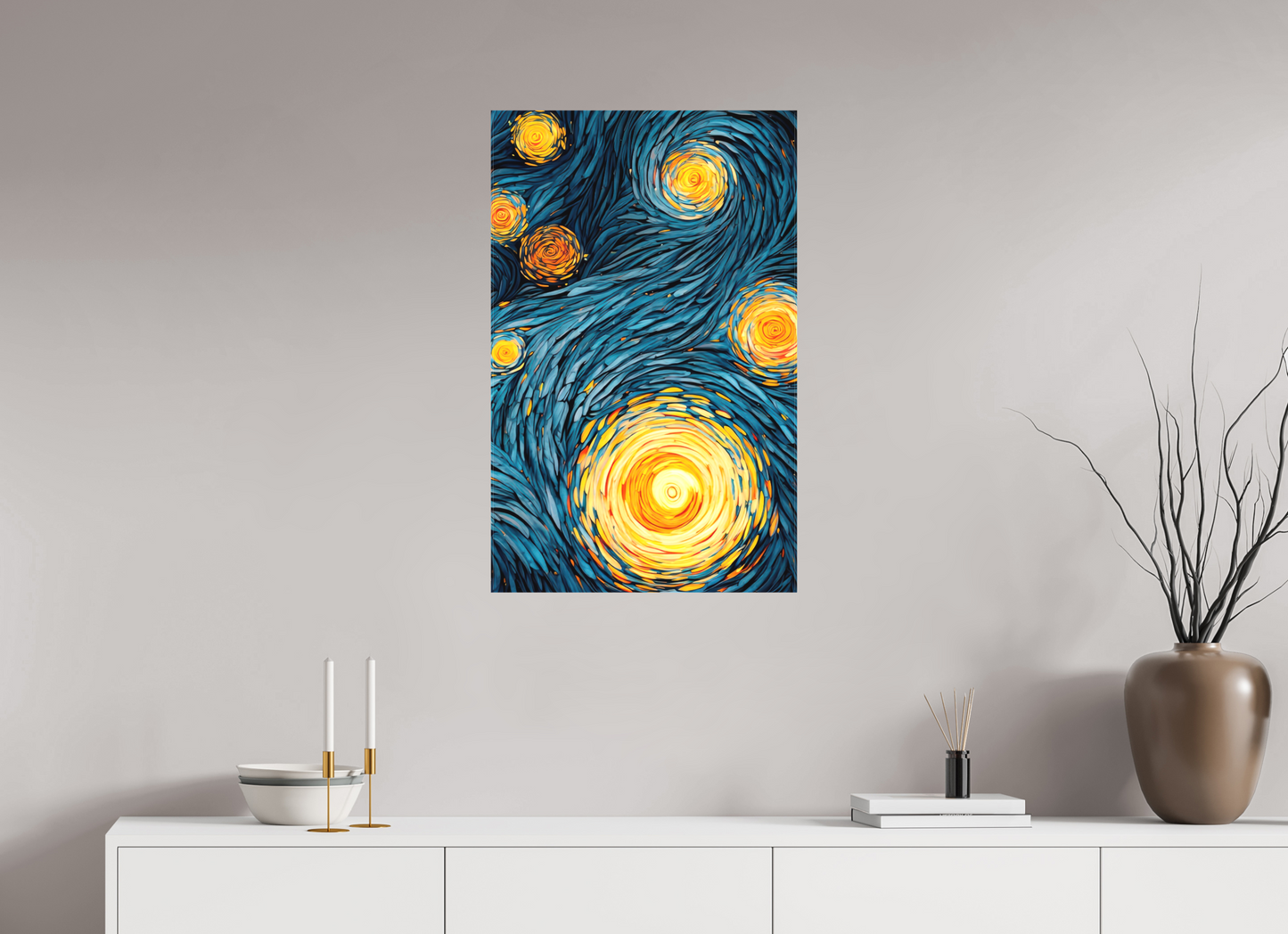 20 x 31.7″, Textile on Canvas Abstract Blue & Yellow Swirls 2