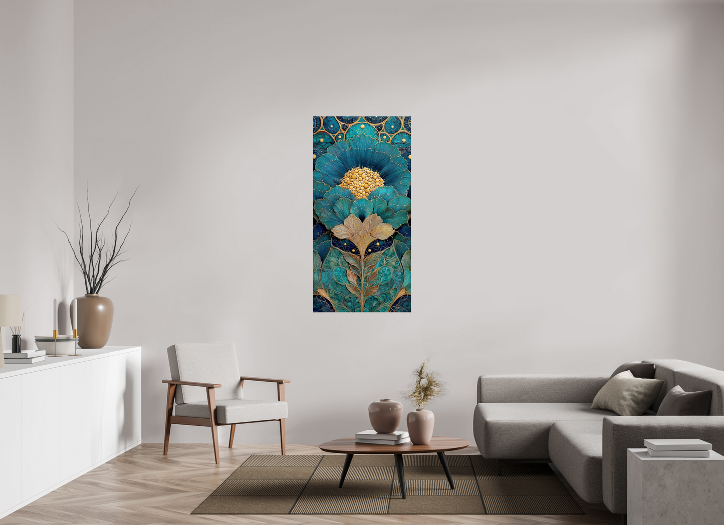 28 x 56″, Fine Art Print On Aluminum Dibond Art Deco Teal Flower 1