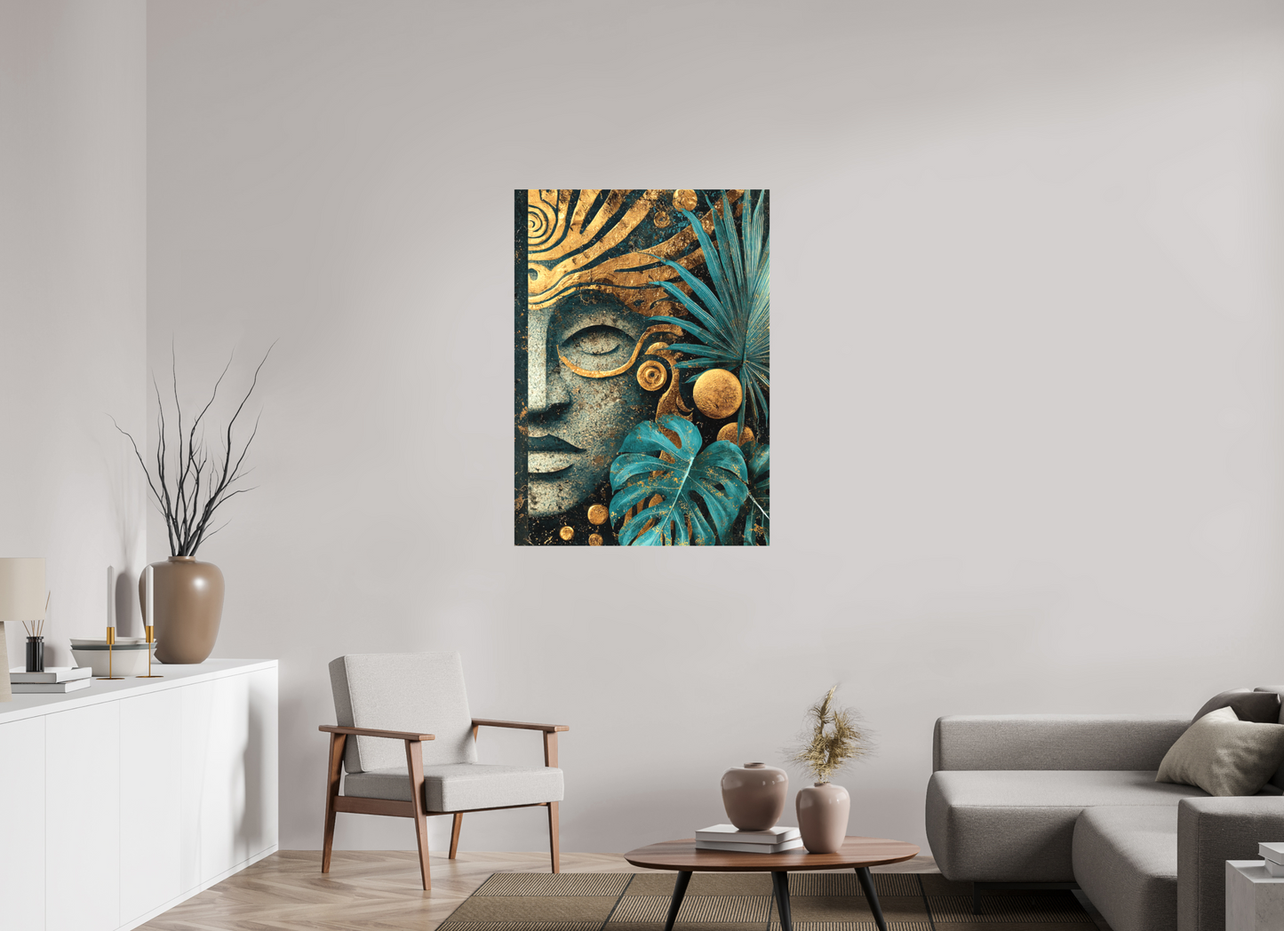 32 x 44.8″, Textile on Canvas Ancient Face 2