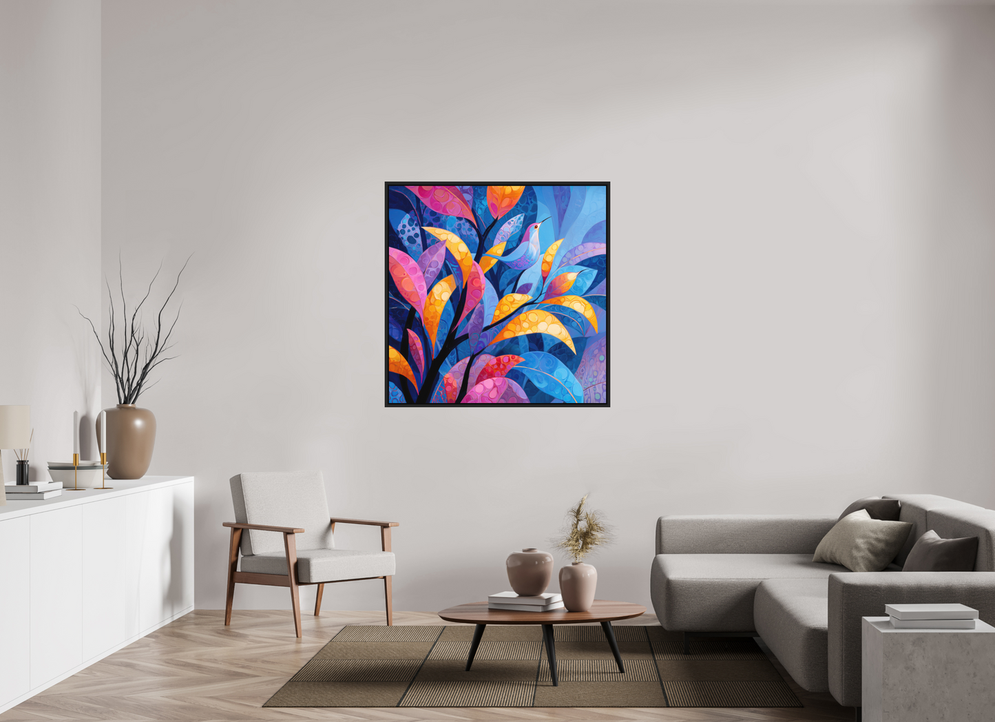 45 x 45″, Photo Print on Aluminum Backing with boarder Tropical Bird