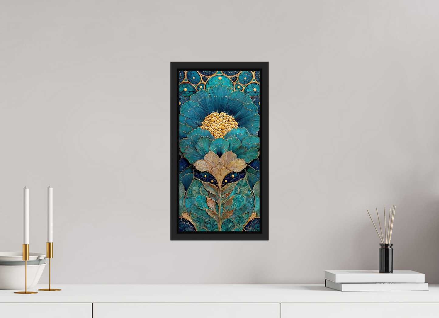 8 x 16″, Fine Art Print on Aluminum Dibond with Boarder Art Deco Teal Flower 1