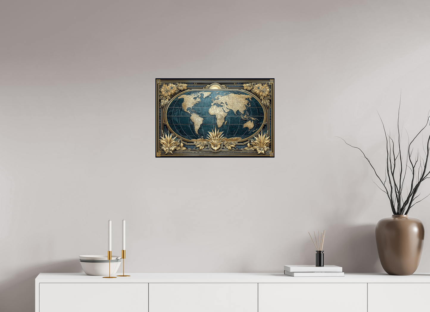24 x 16″, Fine Art Print On Aluminum Dibond Art Deco World Map