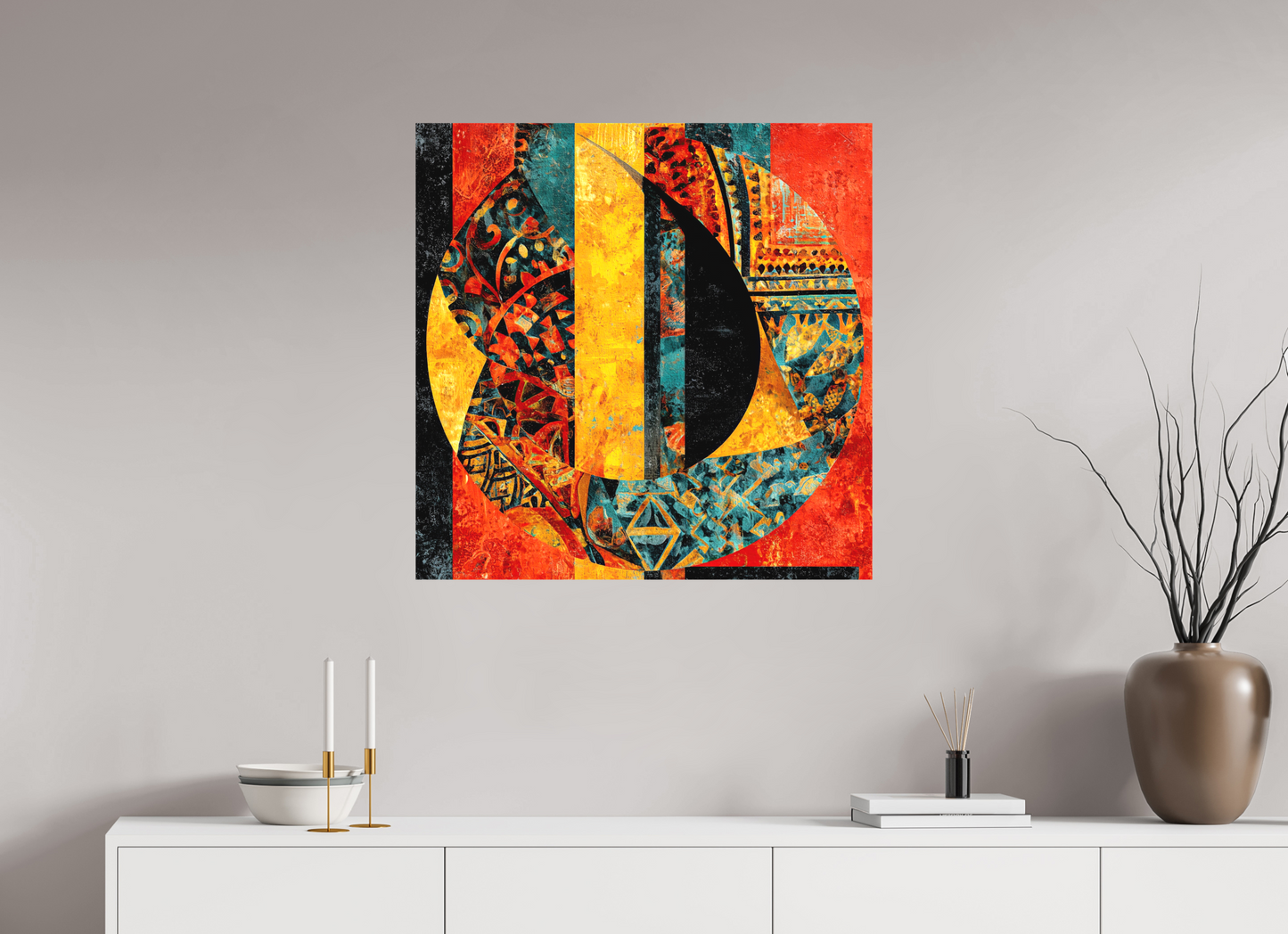 30 x 30″, Textile on Canvas Tribal Circle 2