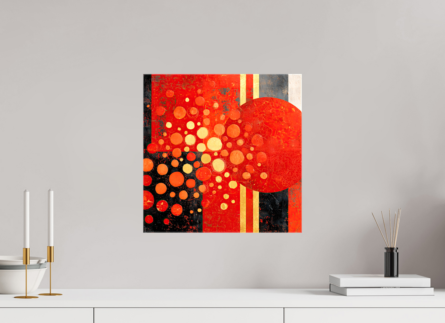 15 x 15″, Glossy Canvas Abstract Red Dots