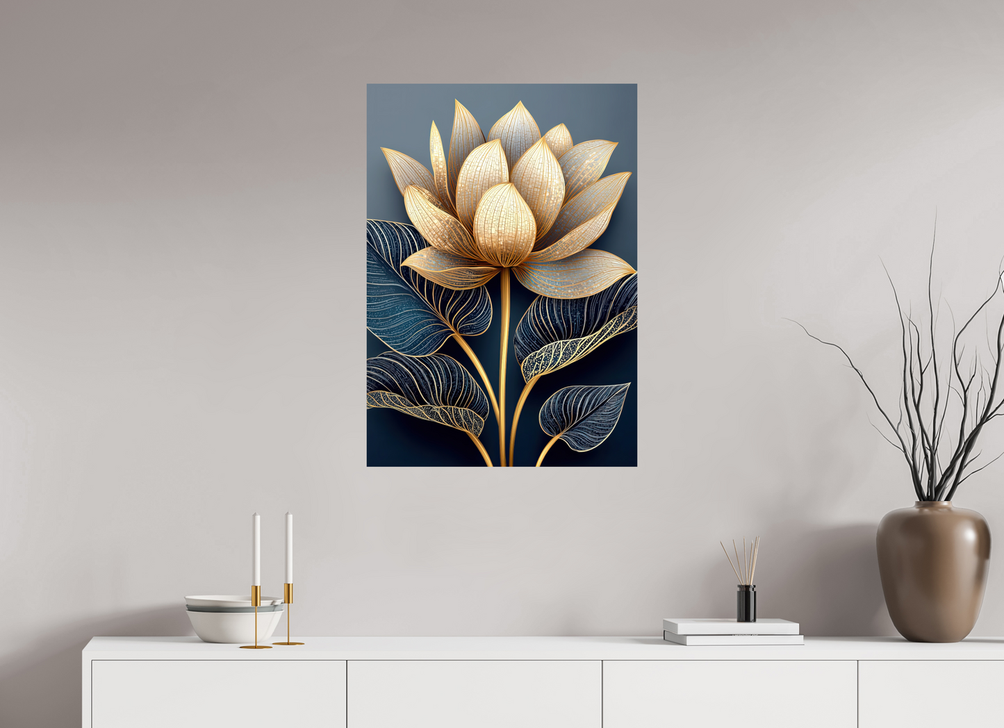 ISO A1 (59,4 x 84,1 cm), Fine Art Print On Aluminum Dibond Art Deco Lotus Flower