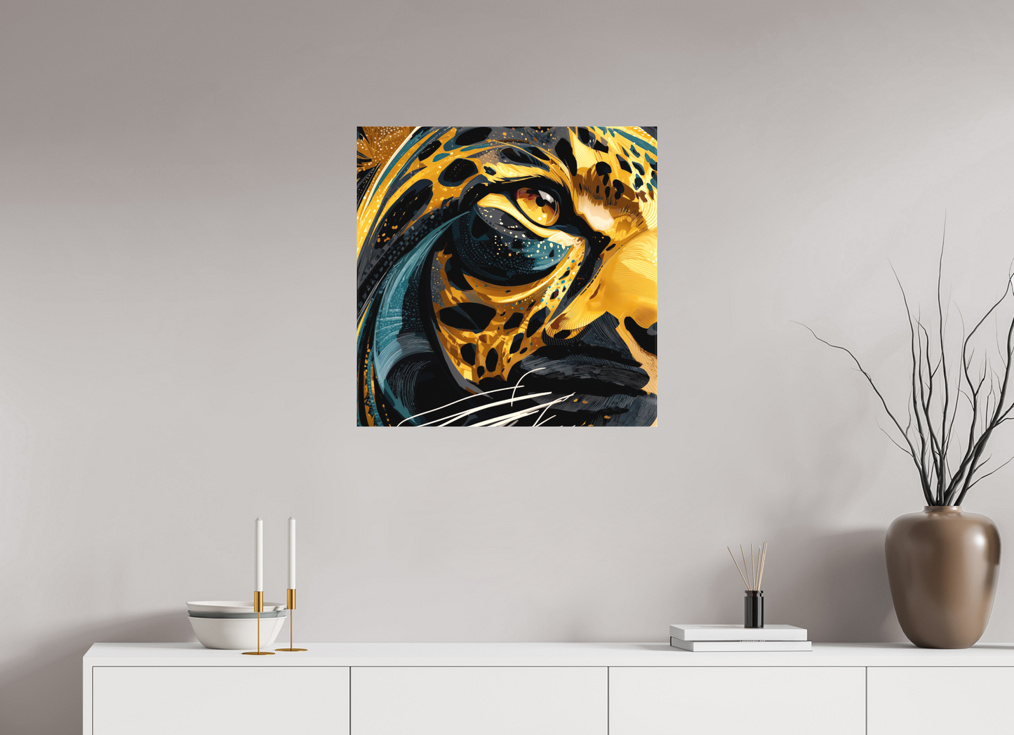 25 x 25″, Textile on Canvas Abstract Panther