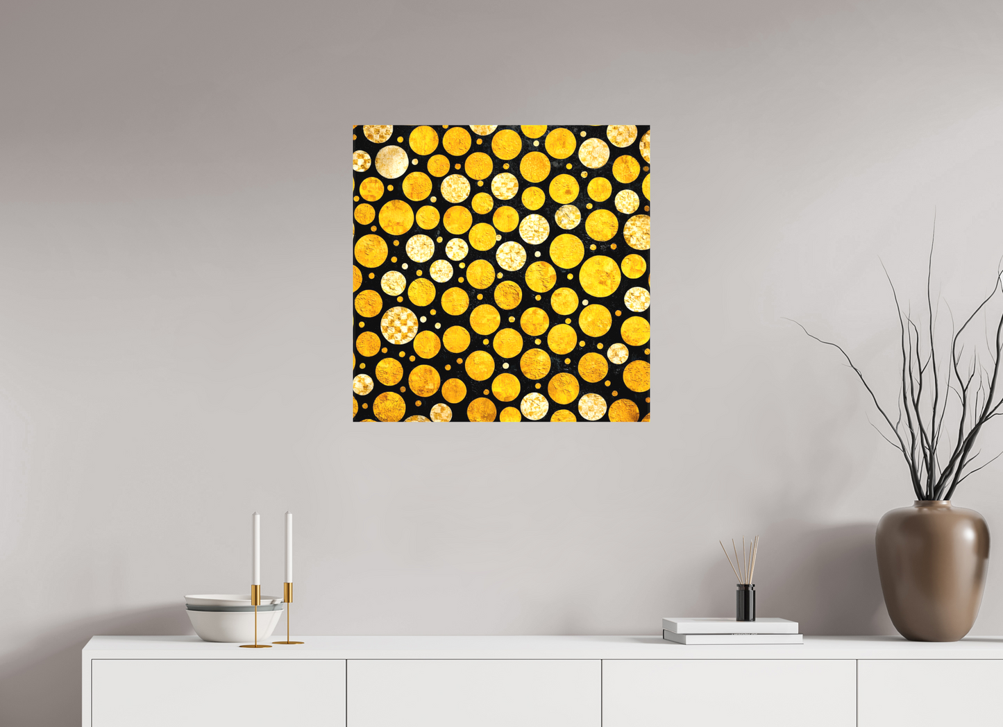 25 x 25″, Textile on Canvas Gold Dots