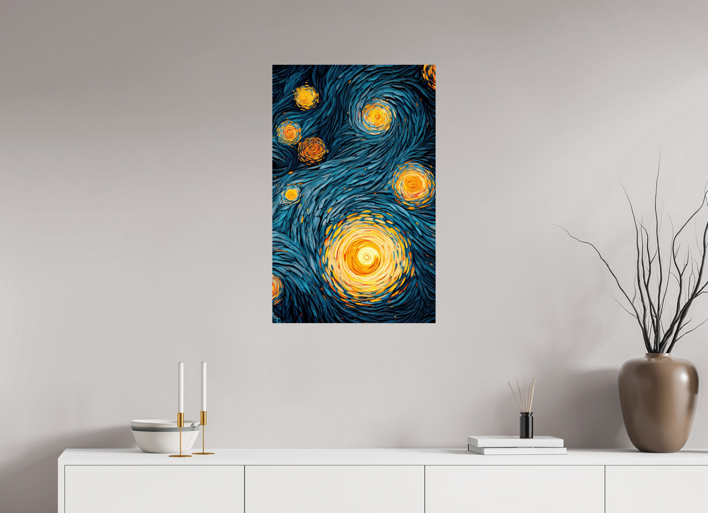 20 x 31.7″, Fine Art Print On Aluminum Dibond Abstract Blue & Yellow Swirls 2