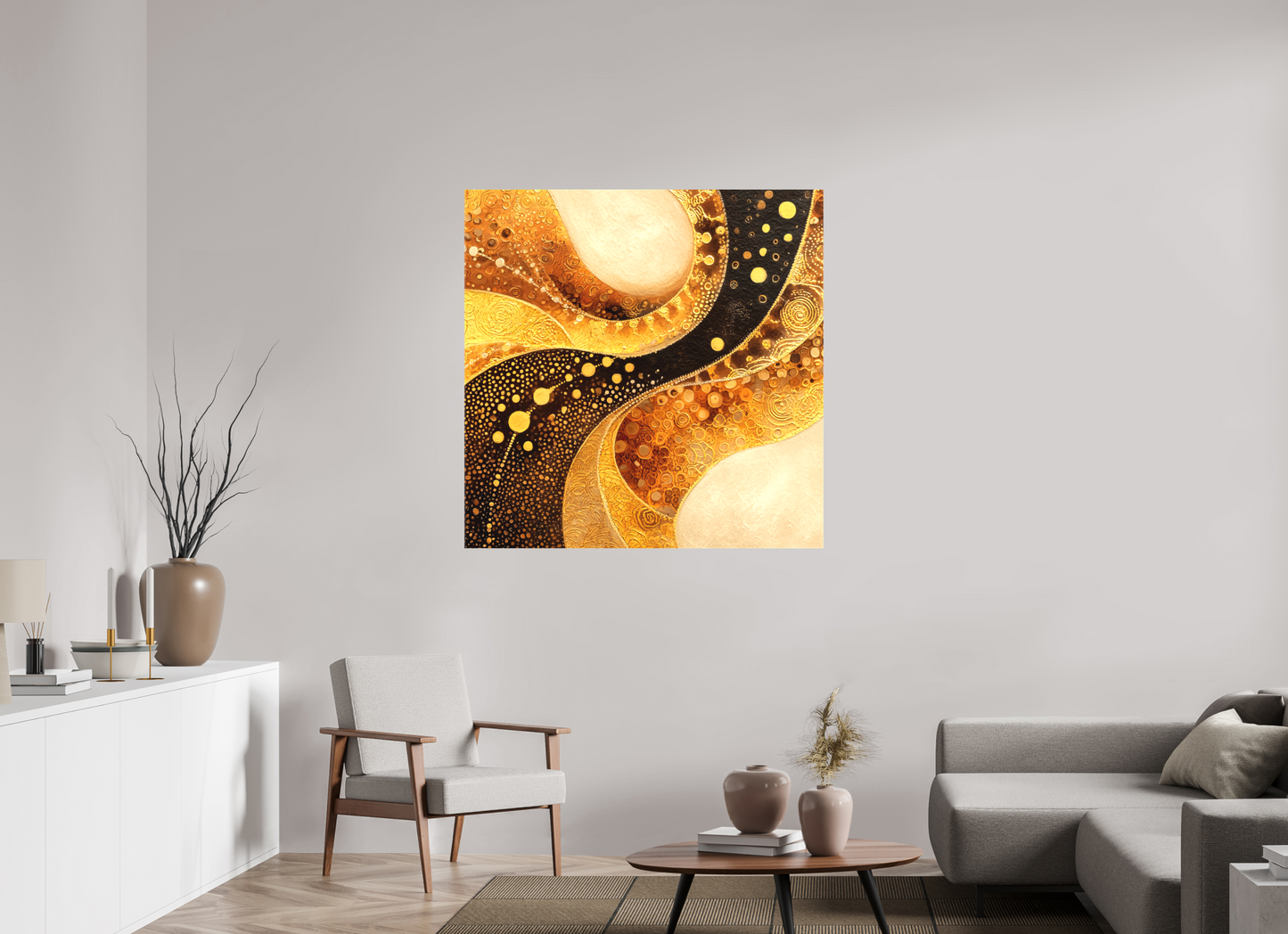 45 x 45″, Textile on Canvas Gold Texture Swirl