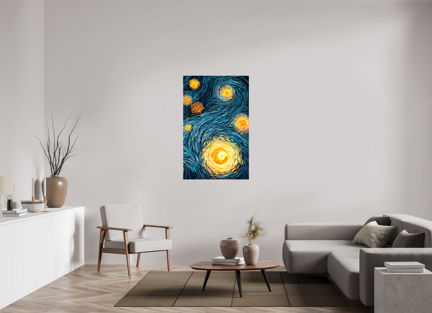 31 x 49.1″, Glossy Canvas Abstract Blue & Yellow Swirls 2